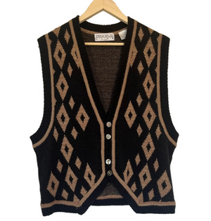 Women's Principles Club Sweater Vest Size M Black Tan Diamond Pattern Academia